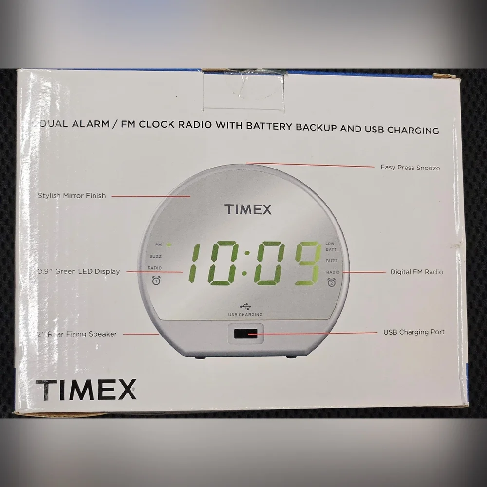 Timex Dual Alarm/ FM Clock w/Built-in Speaker, USB Charger, Green LED Display w/ - Picture 4 of 10